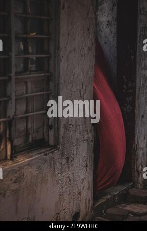 Tenda davanti alla porta del vicolo posteriore soffiata dal vento, Veracruz, Messico, 2022 Foto Stock