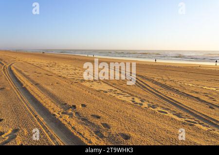 Surfers Paradise Australia - 21 settembre 2023; piste per la cura delle sabbie su un'ampia spiaggia sabbiosa che conduce al bordo delle acque e al mare. Foto Stock