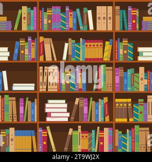 Libri sugli scaffali motivo senza cuciture. Libreria o scaffali libreria o sfondo libreria. Istruzione e conoscenza, studio e apprendimento. Illustrazione Vettoriale