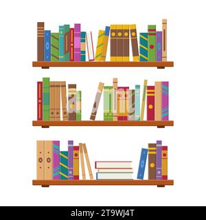 Scaffali interni con riquadri di libri multicolori. Pile di libri su scaffali con libri di biblioteca o libreria. Dizionario stack per l'istruzione. Illustrazione Vettoriale