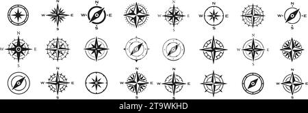 Set di icone bussola. Bussola di navigazione monocromatica con direzioni cardinali di Nord, Est, Sud, Ovest. Posizione geografica, cartografia e naviga Illustrazione Vettoriale