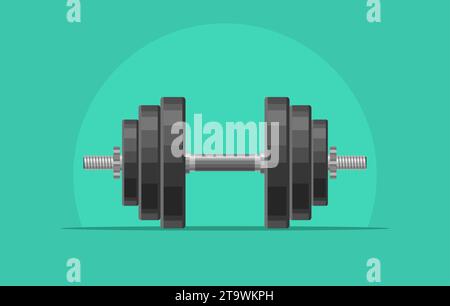 Dumbbell con dischi rimovibili isolati su sfondo verde. Attrezzature per sollevamento pesi, bodybuilding, palestra, crossfit, allenamento, simbolo del fitness club. Sport Illustrazione Vettoriale