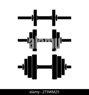 Dumbbell con dischi rimovibili, peso diverso, icona impostata isolata su sfondo bianco. Attrezzature per sollevamento pesi, bodybuilding, palestra, crossfit, allenamento Illustrazione Vettoriale