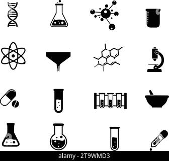 Set di icone del laboratorio di chimica. Icone incluse: Chimica, formula, analisi medica, fiasca per test di laboratorio. Atom, matraccio, esperimento, ricerca, DNA, catena, m Illustrazione Vettoriale