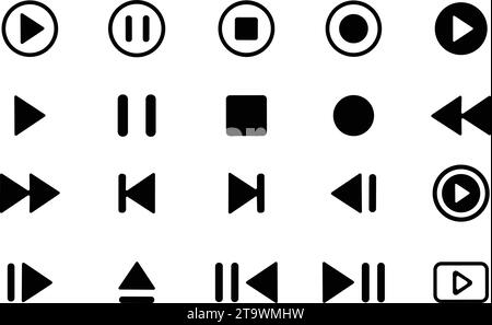 Icona dei pulsanti del lettore multimediale Set (Imposta), Play and pause (Riproduci e metti in pausa), i pulsanti Next (Avanti), Previous (precedente) illustrazione vettoriale del lettore audio video Illustrazione Vettoriale