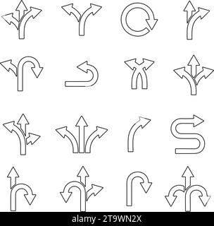 Set di linee frecce di direzione del traffico stradale. Direzione a sinistra, destra, a due e tre direzioni direzione di trasporto simbolo freccia. vettore icona di decisione Illustrazione Vettoriale