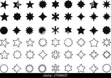 Collezione Stars. Icone dei vettori a stella. Set nero di stelle, isolato su sfondo trasparente. Icona a forma di stella. Stelle in stile semplice e moderno, piatto e lineare. Ve Illustrazione Vettoriale