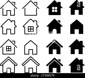 Simbolo casa o casa. Insieme di oggetti immobiliari e case con icone nere. Colleziona le icone della home page in stile piatto e lineare per app e siti Web Illustrazione Vettoriale