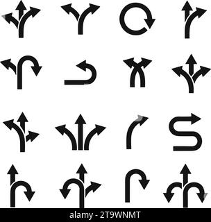 Frecce di direzione del traffico su strada in piano. Direzione a sinistra, destra, a due e tre direzioni direzione di trasporto simbolo freccia. vettore icona di decisione Illustrazione Vettoriale