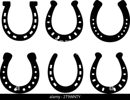 Set di icone a ferro di cavallo. Stile piatto simbolo della fortuna. Illustrazione vettoriale della collezione di ferri da cavallo Illustrazione Vettoriale