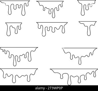Set di linee di gocciolamento per vernice. Gocciolamento di liquido. Flussi di vernice. Vernice corrente, macchie. La corrente di inchiostro scende. Illustrazione vettoriale. Flusso di liquido. Gocce di stencil. P Illustrazione Vettoriale