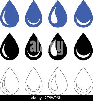 Raccolta della forma a goccia d'acqua. Set di gocce d'acqua blu e nera. Gocce d'acqua o d'olio. Linea e stile piatto. gocce di pioggia o sudore, gocce umide di rugiada. Ve Illustrazione Vettoriale