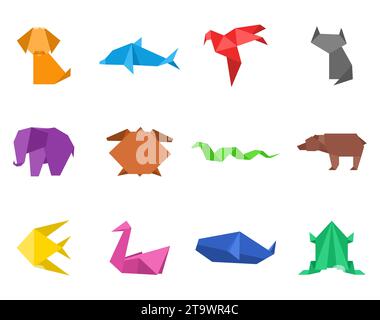 Set di animali giapponesi Origami. Hobby moderno. Giocattolo a colori di carta piegata poligonale. Arte della piegatura della carta. Figure geometriche a forma di animale selvatico. Illustrazione Vettoriale