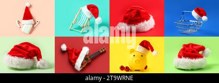 Set di cappelli di Babbo Natale con oggetti diversi su sfondo colorato Foto Stock