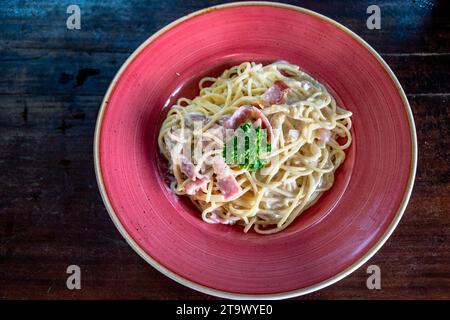 una vista a volo d'uccello su una ciotola di spaghetti appena fatti con pancetta alla griglia. Foto Stock