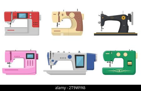Set macchina da cucire isolato su sfondo bianco. Dispositivi meccanici per la cucitura di tessuti e la creazione di indumenti. Macchine retrò e moderne per cucire. Illustrazione Vettoriale