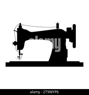 Icona della macchina da cucire retro isolata su sfondo bianco. Dispositivo meccanico per la cucitura di tessuti e la creazione di indumenti. Macchina d'epoca per cucire icona. Illustrazione Vettoriale