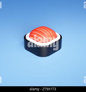 Sushi Roll singolo con pesce rosso e formaggio cremoso su sfondo blu. Illustrazione del rendering 3D. Foto Stock