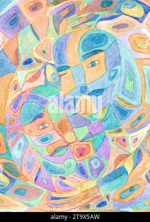 Sfondo multicolore simbolico astratto acquerello. Motivo a macchie di colore calme disegnate a mano. Astrazione acquerello. Uomo, donna, armonia yin e yang. V Foto Stock
