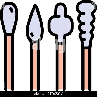 Tamponi diversi, bastoncino auricolare in stile semplice, isolato su sfondo bianco. Strumenti medici, oggetti per l'igiene. Tampone di cotone, pulito, medico, strumento, bastone fre Illustrazione Vettoriale