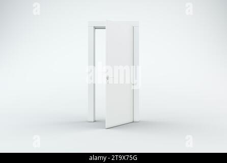Porta aperta bianca su sfondo studio. Concetto minimo. Monocromatico. Rendering 3D. Foto Stock