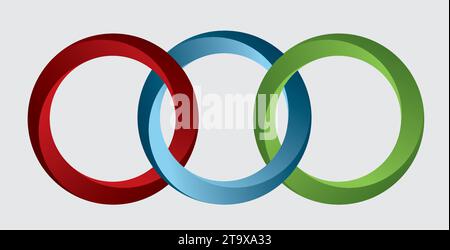Tre anelli intrecciati, cerchi, rosso, blu e verde. Isolato. Illustrazione vettoriale. Illustrazione Vettoriale