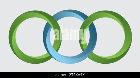 Anelli verdi e blu, intrecciati tra loro. Isolato. Illustrazione vettoriale. Illustrazione Vettoriale