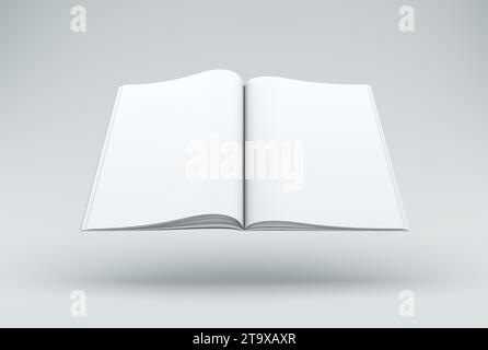 Open Book bianco o rivista su sfondo Gray Studio. Concetto minimo. Monocromatico. Rendering 3D. Foto Stock