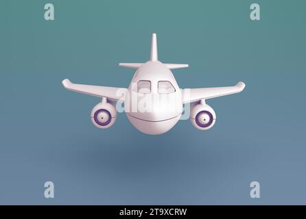 Aereo giocattolo bianco viola su sfondo turchese. Concetto di trasporto o business. Stile minimalista dei cartoni animati. Illustrazione rappresentazione 3D. Foto Stock