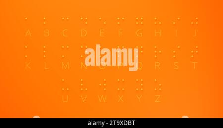 Braille Alphabet Guide simbolo del sistema di scrittura per non vedenti formato da sfere. Puntini gialli su sfondo arancione. Rappresentazione 3D. Foto Stock