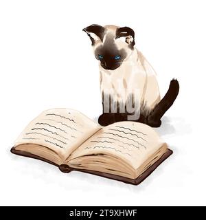 Piccolo gattino siamese che legge un libro Foto Stock