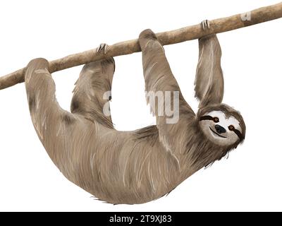 Simpatico bradipo appeso a un ramo su sfondo bianco Foto Stock