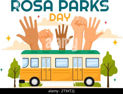 Illustrazione vettoriale del Rosa Parks Day con la First Lady dei diritti civili, manette e autobus sullo sfondo di un cartone animato piatto della National Holiday Celebration Illustrazione Vettoriale