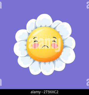 Camomilla sorridente fiore a margherita. Cartoni animati: Camomilla con petali che cadono, con il viso che si apre, che riflette un umore commovente e malinconico. Emozionale e affascinante personaggio vettoriale floreale Illustrazione Vettoriale