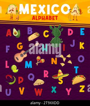 Font messicano, di tipo ispanico o carattere cartoni animati con alfabeto inglese, tipografia ABC vettoriale. Segni e lettere di testo messicani o simboli di font ABC con sombrero, chitarra, taco, burrito e cactus Illustrazione Vettoriale