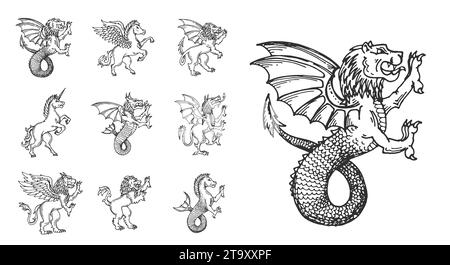 Schizzi di animali araldici medievali, leoni, unicorno o pegasus, drago e grifone, simboli vettoriali. Araldica disegna creature mitiche di unicorno, drago di leone e sirena pegasus con artigli e ruggito Illustrazione Vettoriale