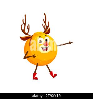 Personaggio natalizio di frutta arancione con fascia di cervo di Natale. Personaggio del cibo vettoriale con cartoni animati, simpatici agrumi che ballano e puntano con un volto allegro e sorridente, corna di renna e orecchie Illustrazione Vettoriale
