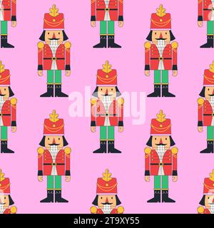 Festa natalizia con simpatico Schiaccianoci. Illustrazione vettoriale. Natale in stile moderno e felice sfondo di Capodanno Illustrazione Vettoriale