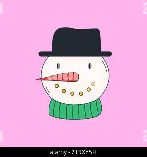 Divertente pupazzo di neve. Elementi tradizionali natalizi. Illustrazione vettoriale. Stampa di Natale in stile moderno e felice anno nuovo per biglietti, adesivi e poster Illustrazione Vettoriale