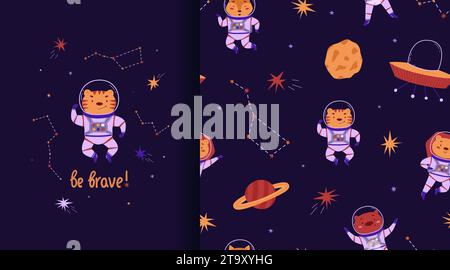 Motivo e poster cosmici senza cuciture. Carini animali astronauti, navi aliene e pianeti. Illustrazione vettoriale in stile piatto. Illustrazione Vettoriale