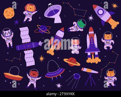 Set cosmico con simpatici animali astronauti e razzi. Illustrazione vettoriale in stile piatto. Cosmonautics Day. Modello per carta da parati, tessuto e bambini Illustrazione Vettoriale
