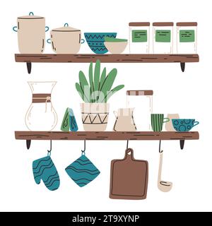 Ripiani da cucina con illustrazioni piatte di utensili da cucina. Illustrazione vettoriale dell'interno di una cucina. Set di utensili da cucina per cucinare. Illustrazione Vettoriale