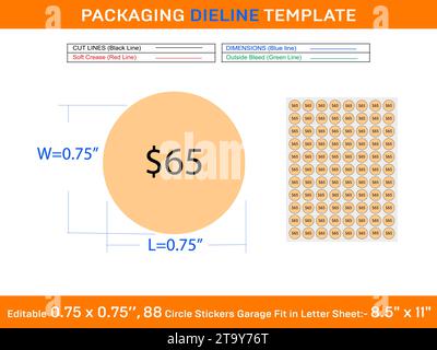Cerchietto adesivi prezzo $65 etichette di vendita garage si adattano a foglio di lettere modificabile 88 pezzi 0,75 x 0,75 pollici file vettoriale ridimensionabile Illustrazione Vettoriale