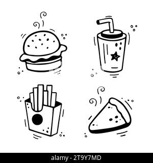 Set di icone fast food: Hamburger, patatine fritte, tazza di carta con bevanda, torta, torta, crostata, cheesecake, fast food disegnati a mano. Stile fumetto di schizzo. V Illustrazione Vettoriale