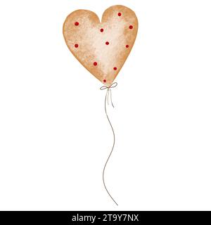 Palloncino ad acquerello a forma di cuore beige con un punto rosso con una corda. Isolare per la progettazione di biglietti e inviti per San Valentino Foto Stock