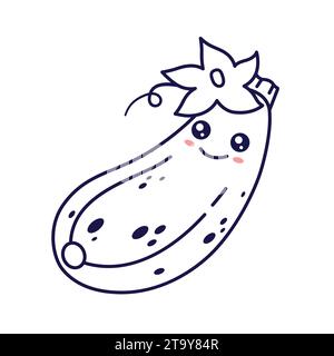 Carino Kawaii Zucchini cartoni animati illustrazioni per bambini. Illustrazione grafica del contorno di alimenti e verdure. Personaggio di zucchine, mascotte in stile Doodle. Kids Colorin Illustrazione Vettoriale