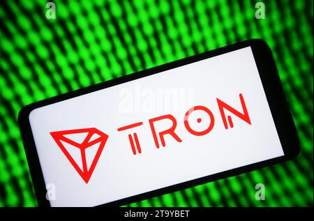 Ucraina. 27 novembre 2023. In questa immagine, il logo TRON viene visualizzato sullo schermo di uno smartphone. Credito: SOPA Images Limited/Alamy Live News Foto Stock