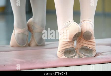 HANDAN, CINA - 28 NOVEMBRE 2023 - gli studenti praticano le abilità di base in un centro di formazione di danza a Handan, nella provincia di Hebei nella Cina settentrionale, 28 novembre 2023. Foto Stock