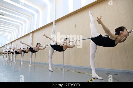 HANDAN, CINA - 28 NOVEMBRE 2023 - gli studenti praticano le abilità di base in un centro di formazione di danza a Handan, nella provincia di Hebei nella Cina settentrionale, 28 novembre 2023. Foto Stock