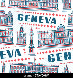 Motivo Vector Geneva senza cuciture, sfondo quadrato ripetuto con illustrazione del famoso paesaggio cittadino di ginevra su sfondo bianco, linea decorativa moderna Illustrazione Vettoriale